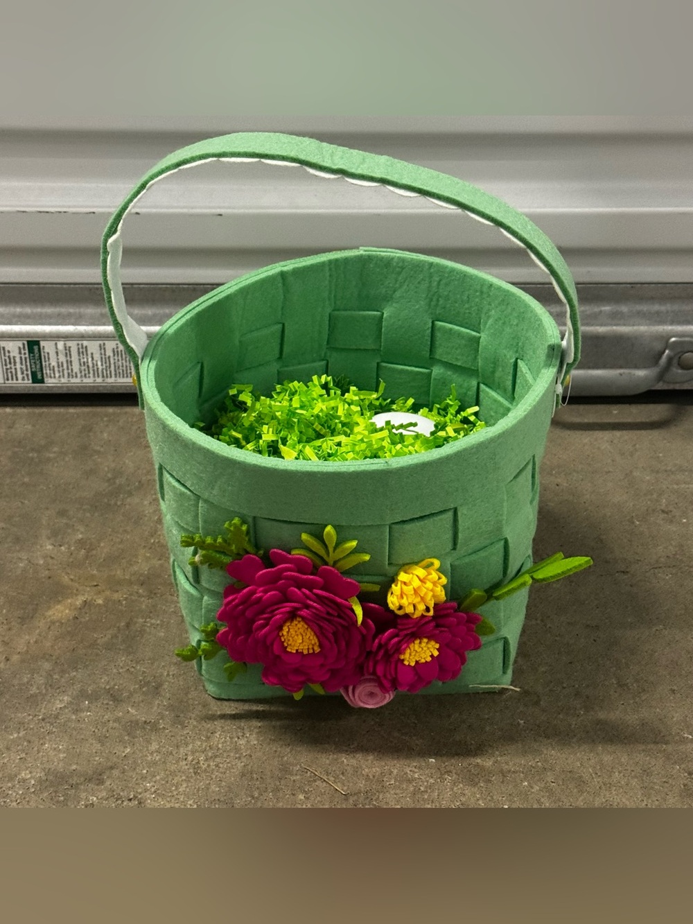 Green Felt Flower Basket with Pink Accents